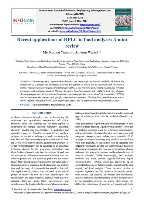 Hplc on food analysis in free downloaded pdf